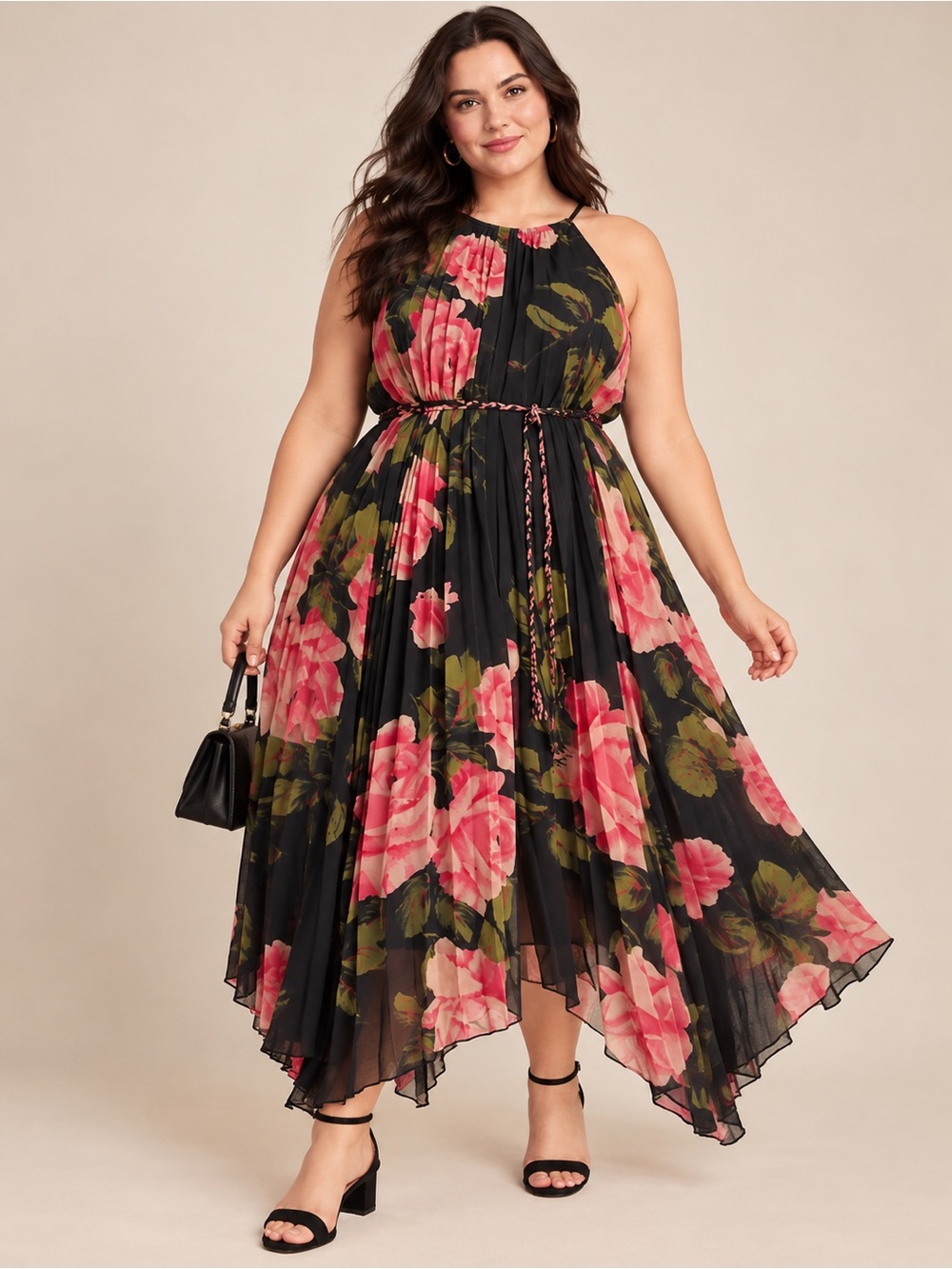 Anthropologie Emilie Pleated Floral Midi Dress Black Pink Size XL NWT